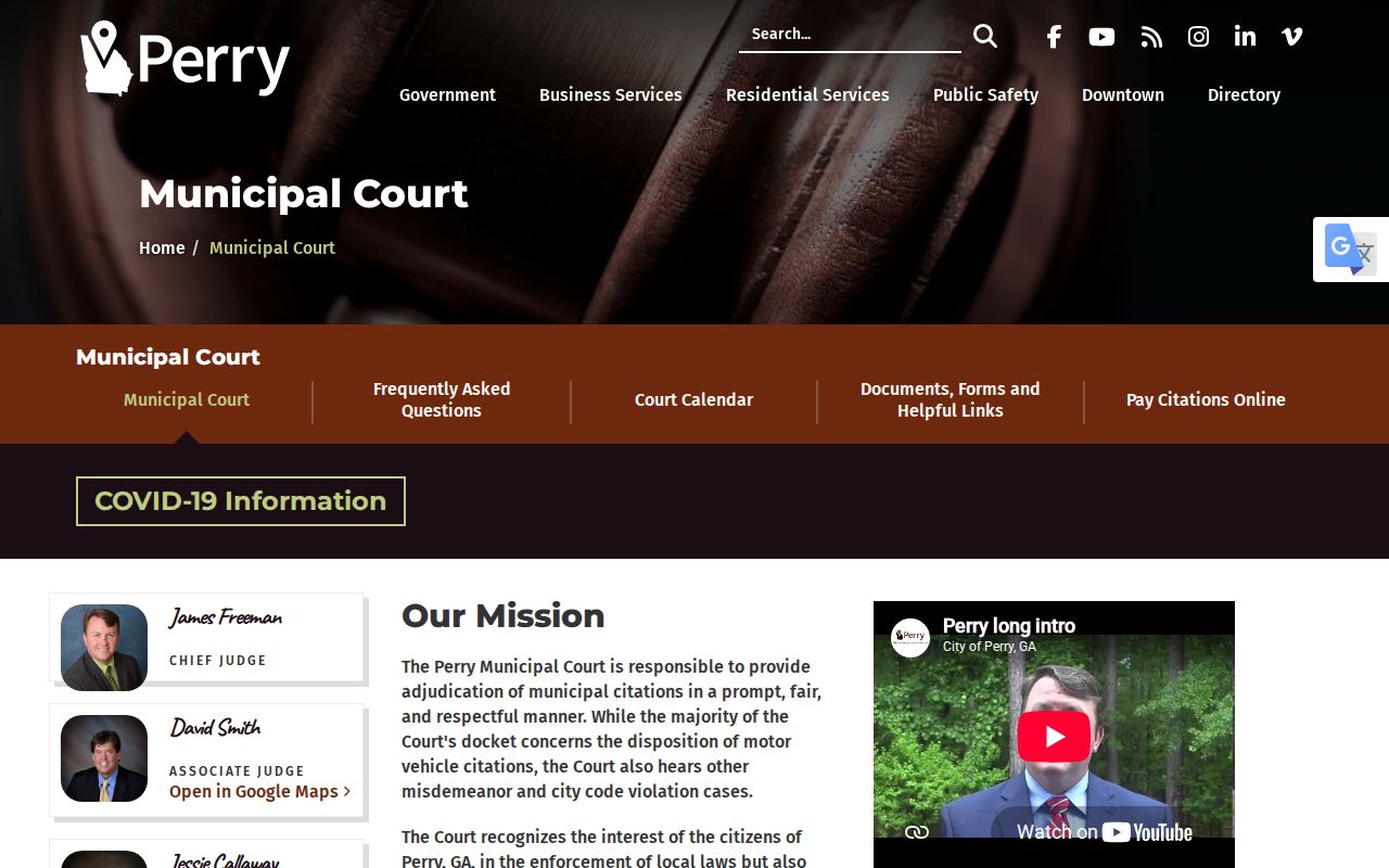 Perry Municipal Court clerk, hours, and court-date information