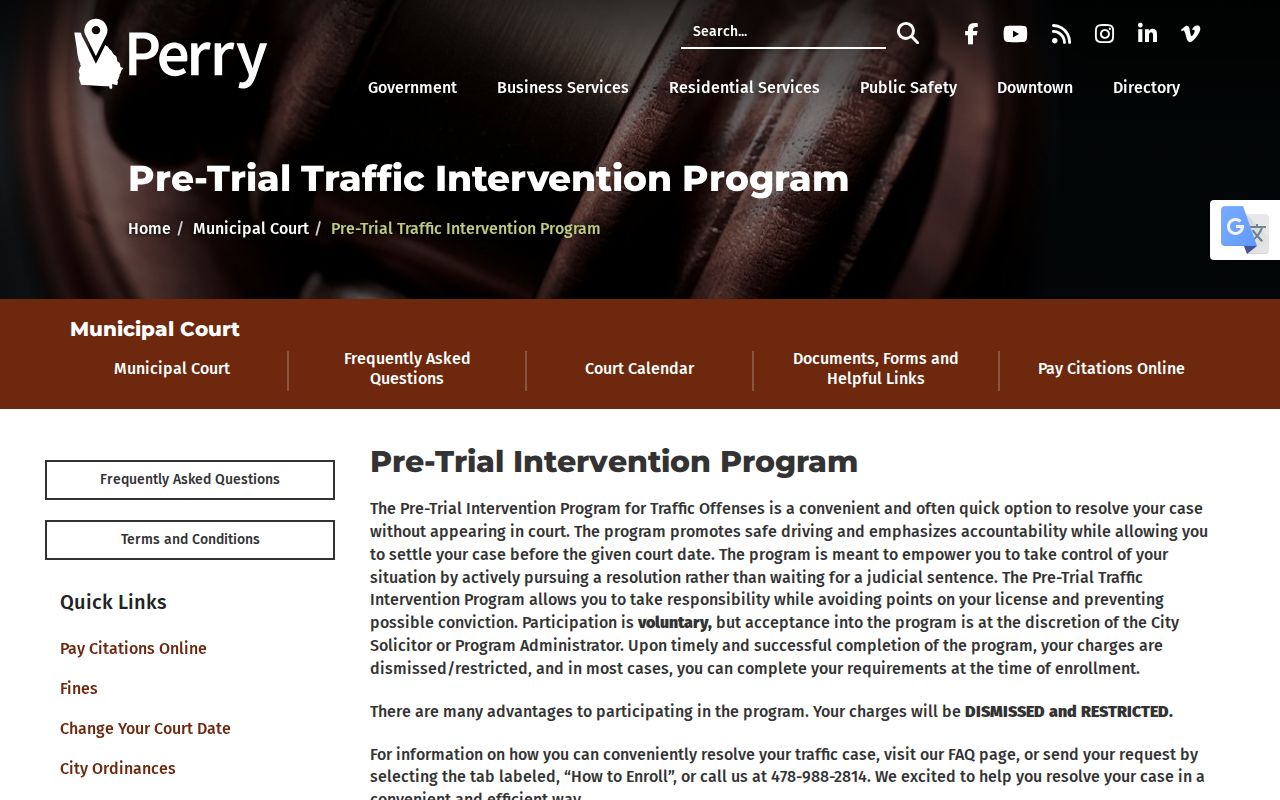 Perry Pre-Trial Traffic Intervention Program enrollment information